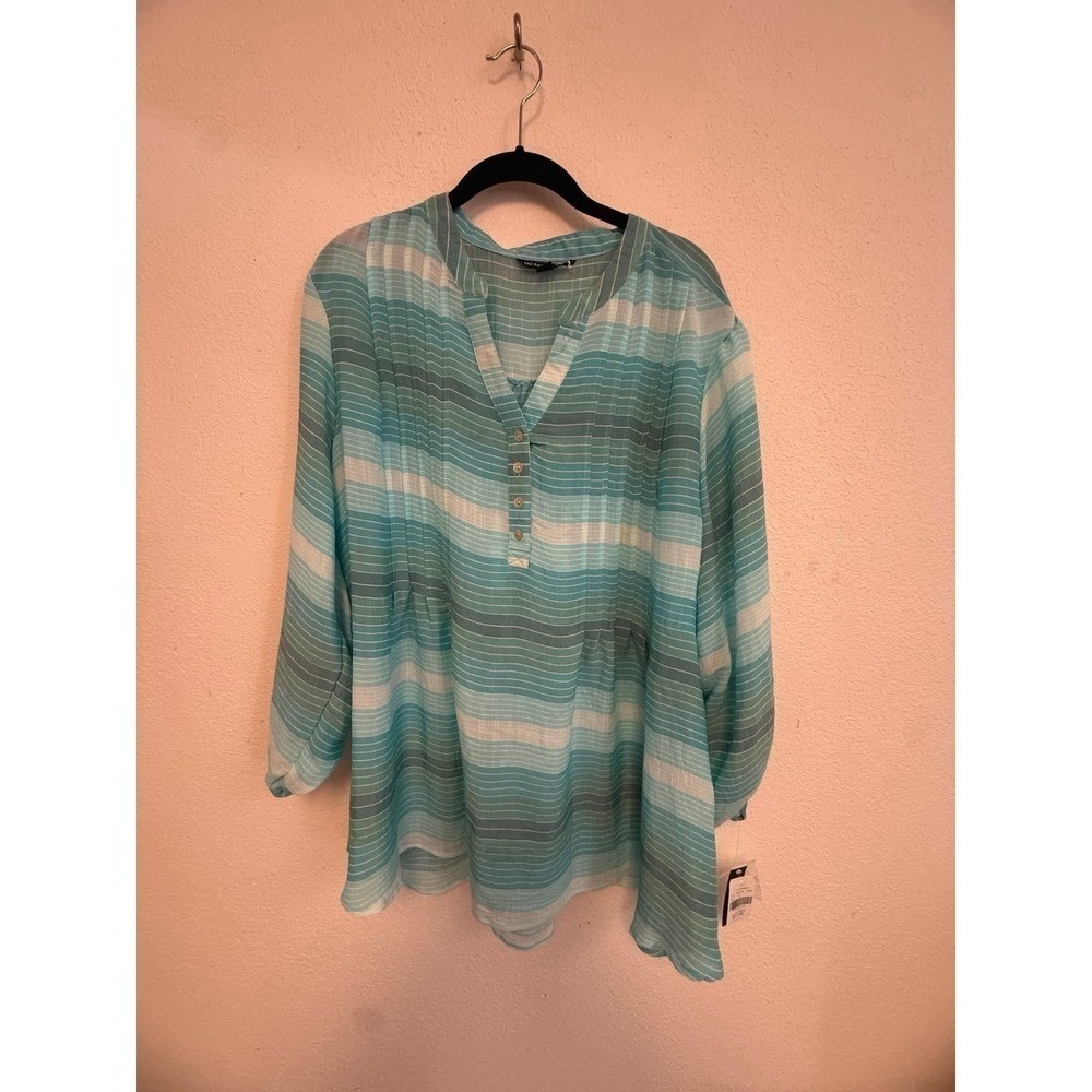 Zac & Rachel Woman 2X Aqua White Striped Tunic Blouse 3/4 Sleeve Lightweight NWT